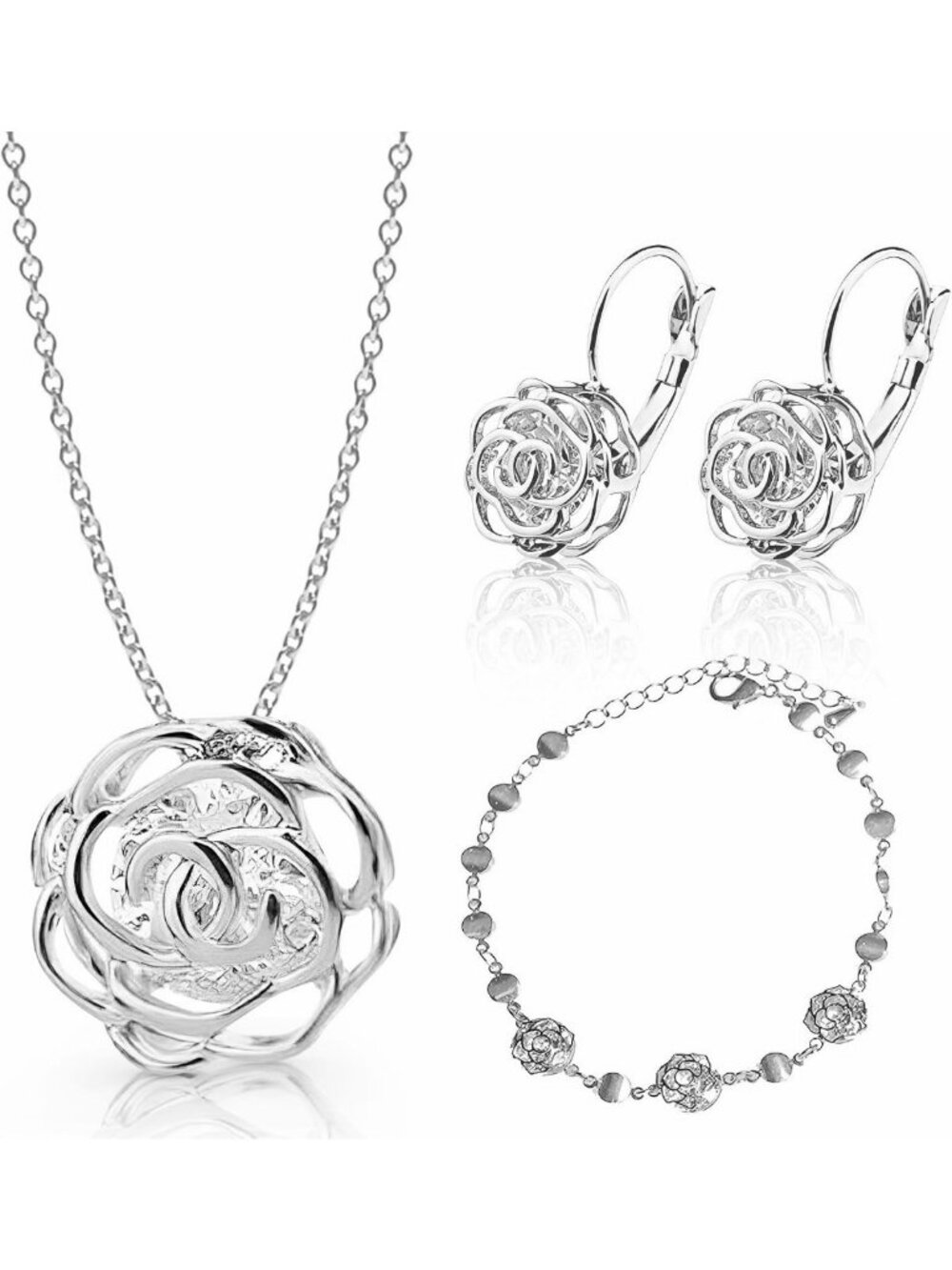 Elegant 18K Gold Plated White Crystal Flower Jewelry Set - Necklace, Earrings